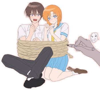 1boy 1girl 1other artist_self-insert black_pants blue_eyes blue_sailor_collar blue_skirt blush bound_together brown_hair clenched_hands closed_mouth collared_shirt commentary_request embarrassed full_body hair_between_eyes hands_up hetero highres higurashi_no_naku_koro_ni holding holding_pen kneeling korean_commentary looking_at_viewer maebara_keiichi medium_hair miniskirt neckerchief open_mouth orange_hair pants pen pleated_skirt pov pov_hands purple_eyes rope ryuuguu_rena saang2cm sailor_collar shirt short_hair short_sleeves simple_background sitting skirt surprised sweatdrop teeth v-shaped_eyebrows white_background white_shirt wide-eyed yellow_neckerchief