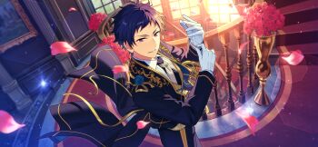 Rule 34 | 1boy, blue hair, cowboy shot, ensemble stars!, feature scout 1 (ensemble stars!), flower, fushimi yuzuru, game cg, gloves, hands up, happy elements, layered clothes, long sleeves, male focus, mole, mole under eye, necktie, official art, parted lips, picture frame, pink flower, pink petals, pink rose, purple eyes, rose, short hair, solo, spiral staircase, stairs, third-party source, white gloves