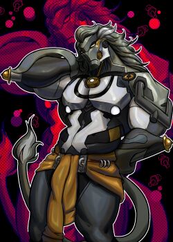 1boy absurdres arctavius arm_behind_head banyue_(zenless_zone_zero) bara commentary english_commentary grey_hair highres long_hair looking_at_viewer male_focus muscular muscular_male robot_boy tail zenless_zone_zero