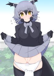 Rule 34 | 1girl, 1other, absurdres, animal ears, binturong (kemono friends), black gloves, black pantyhose, black shirt, blue sky, blush, breasts, bug, bush, cat ears, clear sky, closed mouth, clothes lift, commentary request, cowboy shot, day, fence, fly, gloves, gradient hair, grey hair, hair between eyes, highres, illu (illu stratos), insect, iron fence, kemono friends, lifted by self, long bangs, looking at viewer, medium breasts, medium hair, multicolored hair, outdoors, panties, panty pull, pantyhose, pov, pussy, shirt, skirt, skirt lift, sky, smile, solo, uncensored, underwear, white gloves, white panties, yellow eyes