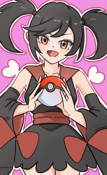 1girl absurdres bare_shoulders black_hair black_kimono blush collarbone commentary_request cowboy_shot detached_sleeves eyelashes furisode furisode_girl_(pokemon) furisode_girl_kali heart highres holding holding_poke_ball japanese_clothes kichi_(erkz2532) kimono nintendo open_mouth outline pink_background pink_outline poke_ball poke_ball_(basic) pokemon pokemon_xy simple_background smile solo twintails white_outline