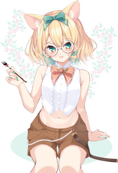 1girl :d animal_ear_fluff animal_ears aqua_eyes aqua_nails bare_shoulders blonde_hair blush bow breasts cat_ears colored_inner_hair earrings fork hair_bow highres holding holding_fork jewelry jiino medium_hair midriff millie_parfait millie_parfait_(4th_costume) multicolored_hair navel nijisanji nijisanji_en open_mouth shirt shorts sitting sleeveless sleeveless_shirt small_breasts smile solo stomach teardrop-framed_glasses virtual_youtuber