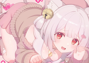 1girl :d absurdres animal_ears blush breasts brown_cardigan cardigan cat_ears cat_girl cat_tail cleavage coin commentary_request commission cream_(nipakupa) double-parted_bangs downblouse fish_hair_ornament full_body gold grey_hair hair_ornament highres indie_virtual_youtuber jingle_bell_earrings koban_(gold) koban_neko long_sleeves medium_breasts miniskirt nervous_smile open_cardigan open_clothes open_mouth pink_skirt pleated_skirt red_eyes shirt sidelocks skeb_commission skirt sleeveless sleeveless_shirt smile solo tail teeth top-down_bottom-up upper_teeth_only virtual_youtuber white_shirt