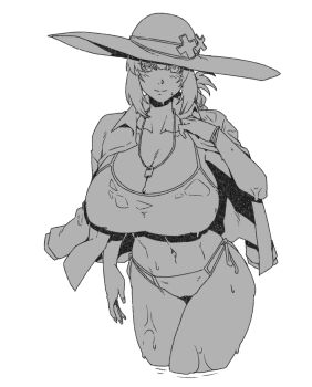 1girl bare_shoulders bikini blush braid braided_ponytail breasts fate/grand_order fate_(series) florence_nightingale_(chaldea_lifesavers)_(fate) florence_nightingale_(fate) folded_ponytail greyscale hat jewelry large_breasts long_hair looking_at_viewer minew monochrome navel necklace shirt shirt_on_shoulders solo sun_hat swimsuit thighs wet