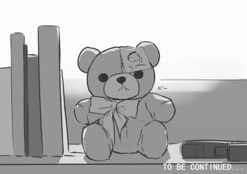 absurdres blue_archive book bow bowtie english_text greyscale highres monochrome no_humans object_focus painnico paper sensei_(blue_archive) stuffed_animal stuffed_toy teddy_bear to_be_continued