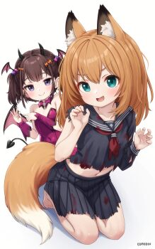 2girls :d animal_ear_fluff animal_ears aqua_eyes artist_name bare_shoulders barefoot black_sailor_collar black_serafuku black_shirt black_skirt blood blood_stain blue_eyes blush breasts brown_hair carrot_(comodox) claw_pose closed_mouth collarbone commentary comodox covered_navel demon_horns demon_tail demon_wings detached_collar english_commentary fang fox_ears fox_tail hair_ornament halloween_costume hands_up head_wings highres horns kneeling leotard long_hair long_sleeves looking_at_viewer medium_hair midriff miniskirt multiple_girls navel neckerchief open_mouth orange_hair original penetration_gesture pink_leotard pleated_skirt purple_eyes purple_leotard red_neckerchief sailor_collar school_uniform seiza serafuku shirt short_hair simple_background sitting skin_fang skirt small_breasts smile sol_(comodox) strapless strapless_leotard tail toes torn_clothes torn_shirt torn_skirt twintails white_background wings