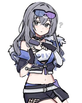 Rule 34 | 1girl, ?, absurdres, alternate hairstyle, belt, black choker, black gloves, black jacket, black shorts, blush, brushing hair, brushing own hair, choker, commentary request, cowboy shot, crop top, cropped jacket, eyewear on head, fingerless gloves, fur-trimmed jacket, fur trim, gloves, grey eyes, grey hair, hair brush, hair down, hair intakes, haruo (haruooimo), highres, holding, holding hair brush, honkai: star rail, honkai (series), jacket, long hair, looking at viewer, midriff, navel, off shoulder, shirt, short shorts, shorts, silver wolf (honkai: star rail), simple background, single-shoulder shirt, single bare shoulder, solo, stomach, sunglasses, twitter username, white background, white belt, white shirt