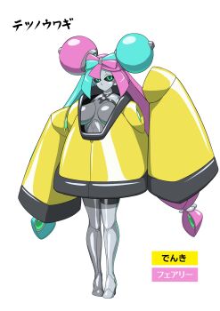 1girl absurdres black_sclera breasts colored_sclera full_body green_eyes highres humanoid_robot iono_(pokemon) jacket large_breasts long_hair mechanical_hair mechanization metal_skin multicolored_hair nintendo no_mouth pink_hair pokemon pokemon_sv robot robot_girl simple_background solo split-color_hair standing twintails two-tone_hair yellow_jacket zock10daisuki