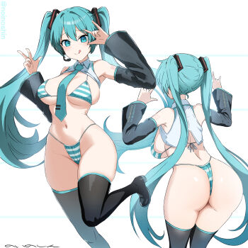 1girl aqua_eyes aqua_hair artist_name ass bikini black_boots blush boots breasts closed_mouth commentary detached_sleeves from_behind groin hair_between_eyes hatsune_miku highres large_breasts licking_lips looking_at_viewer microphone miku_collar_bikini multiple_views navel noinoshi shadow shoulder_tattoo signature simple_background smile standing stomach striped_bikini striped_clothes swimsuit tattoo thigh_boots thong_bikini tongue tongue_out twintails vocaloid white_background