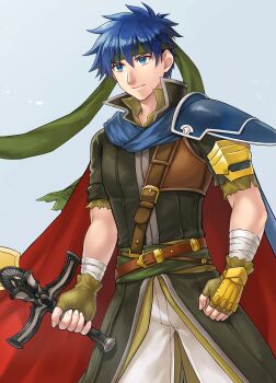 1boy absurdres blue_eyes blue_hair cape commentary_request fire_emblem fire_emblem:_path_of_radiance green_headband hazuki_(nyorosuke) headband highres ike_(fire_emblem) looking_at_viewer male_focus nintendo ragnell short_hair solo