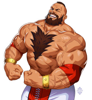 1boy abs bara beard biceps chest_tuft cowboy_shot facial_hair flexing full_beard huge_pectorals looking_at_viewer male_focus mature_eyes mature_male mohawk muscular muscular_male navel navel_hair nipples one_eye_closed parody short_hair smile solo standing stomach street_fighter street_fighter_6 strongman_waist thick_beard thick_eyebrows topless_male veins veiny_arms white_background xelgot zangief