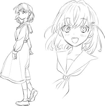 1girl :d closed_mouth commentary_request cropped_head dress full_body greyscale hair_ornament hasu_no_sora_school_uniform highres hinoshita_kaho link!_like!_love_live! loafers long_sleeves looking_at_viewer looking_back love_live! medium_dress medium_hair monochrome multiple_views neckerchief oggi0000 open_mouth pleated_dress rabbit_hair_ornament sailor_collar school_uniform shoes smile socks standing two_side_up virtual_youtuber winter_uniform