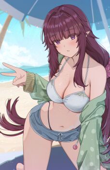 1girl absurdres beach beach_umbrella bikini bikini_under_clothes elf eta_(kage_no_jitsuryokusha_ni_naritakute!) highres kage_no_jitsuryokusha_ni_naritakute! long_hair matsumoto_yuu navel ocean pointy_ears red_eyes red_hair sand shorts swimsuit umbrella