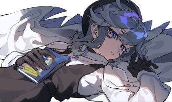 1girl androgynous arm_up beret black_dress black_gloves black_hat blue_eyes book borrowed_character coat commission diamond-shaped_pupils diamond_(shape) double-parted_bangs dress flat_chest flipped_bangs gloves grey_coat grey_hair hand_on_own_chest hand_up hat high-waist_dress highres long_sleeves looking_at_viewer lying neri_neri_da on_back original parted_lips pinafore_dress shadow short_hair_with_long_locks sidelocks simple_background skeb_commission sleeveless sleeveless_dress solo sweater sweater_under_dress symbol-shaped_pupils turning_head turtleneck turtleneck_sweater unworn_coat upper_body white_background white_sweater