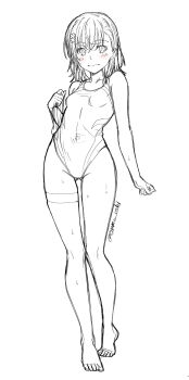 1girl :3 alternate_costume blush breasts collarbone commentary_request competition_swimsuit covered_navel crossed_bangs flower full_body gluteal_fold hair_between_eyes hair_flower hair_ornament highres isshi_pyuma looking_at_viewer medium_hair misaka_mikoto monochrome one-piece_swimsuit sidelocks single_thighhigh sketch small_breasts solo standing swimsuit thighhighs toaru_kagaku_no_railgun toaru_majutsu_no_index twitter_username