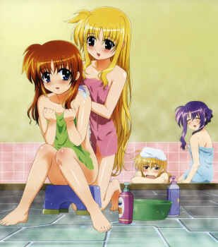 Rule 34 | 4girls, arisa bunnings, barefoot, bath, bath stool, blonde hair, blush, brown hair, censored, convenient censoring, fate testarossa, feet, happy, jealous, lyrical nanoha, mahou shoujo lyrical nanoha, mahou shoujo lyrical nanoha a's, multiple girls, official art, okuda yasuhiro, purple hair, sitting, smile, stool, takamachi nanoha, toes, towel, tsukimura suzuka, yuri