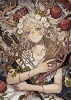 1girl absurdres antlers apple arrow_(projectile) balance_scale bird bird_request blonde_hair blue_eyes blush bow_(weapon) bracelet breasts collarbone commentary_request crown curly_hair deer_antlers disembodied_hand dress english_text eshi_100_nin_ten expressionless flower food from_above fruit gem hair_spread_out head_tilt head_wreath highres holding holding_arrow holding_bow_(weapon) holding_plant holding_sword holding_weapon horns jewelry leaf long_hair looking_at_viewer lying medium_breasts mini_crown multicolored_eyes multiple_bracelets multiple_rings on_back on_ground original parted_lips plant purple_eyes red_crown red_gem ring rose sayoko_(sayosny2) signature silver_bracelet silver_ring solo star-shaped_pupils star_(sky) star_(symbol) strapless strapless_dress swept_bangs sword symbol-shaped_pupils tareme two-tone_eyes upper_body watermark weapon weighing_scale wheat white_dress white_flower white_rose