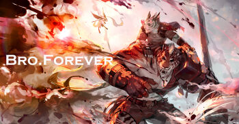 2boys abs animal_ears armor bara bare_pectorals battle blood blood_on_face carrying commentary english_commentary facial_hair fighting_stance fire furry furry_male highres holding holding_weapon large_pectorals male_focus mature_male multiple_boys muscular muscular_male on_shoulder orange_fur original pauldrons pectoral_cleavage pectorals piggyback short_hair shoulder_armor sidepec single_bare_shoulder single_pauldron size_difference smile sword tail thick_eyebrows tiger_boy tiger_ears weapon wincalblanke