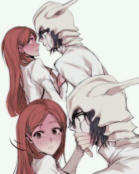 1boy 1girl black_hair bleach blush breasts brown_eyes commentary covering_another's_mouth facial_mark full-face_blush green_eyes hair_ornament hand_over_another's_mouth helmet highres inoue_orihime jacket juliet_sleeves korean_commentary large_breasts long_hair long_sleeves looking_at_another medium_hair nicknick84779 orange_hair parted_bangs puffy_sleeves snowflake_hair_ornament ulquiorra_cifer upper_body white_background white_jacket