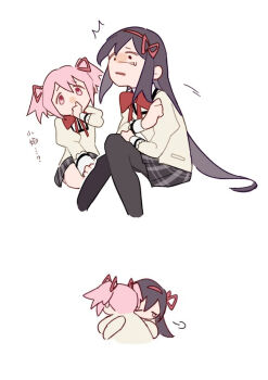 2girls ^^^ akemi_homura an9 black_eyes black_pantyhose black_skirt bow bowtie chinese_commentary chinese_text collared_shirt commentary_request covering_own_mouth cropped_legs frilled_sleeves frills from_behind frown hair_between_eyes hair_ribbon hair_spread_out hairband hand_on_another's_leg head_tilt high_collar hug juliet_sleeves kaname_madoka long_hair long_sleeves mahou_shoujo_madoka_magica mahou_shoujo_madoka_magica_(anime) miniskirt mitakihara_school_uniform motion_lines multiple_girls open_mouth pantyhose pink_eyes pink_hair plaid_clothes pleated_skirt pocket puff_of_air puffy_sleeves purple_hair red_bow red_bowtie red_hairband red_ribbon ribbon scared school_uniform self_hug sequential shirt short_hair short_twintails sidelocks simple_background skirt straight_hair tareme teardrop tearing_up translation_request twintails very_long_hair white_background wide-eyed yellow_shirt yuri