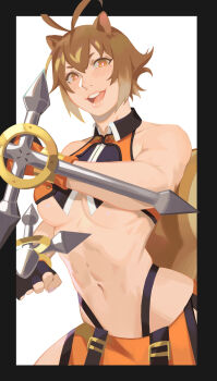 1girl animal_ears arc_system_works blazblue breasts brown_eyes brown_hair crop_top fingerless_gloves gloves highres large_breasts makoto_nanaya microskirt nidhoggn short_hair skirt squirrel_ears squirrel_tail tail teeth tonfa underboob upper_teeth_only weapon