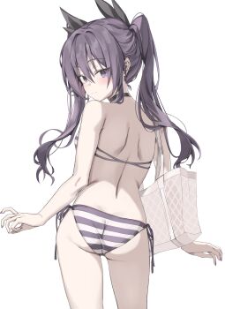 1girl absurdres ass back bag bare_shoulders bikini black_choker blush breasts choker closed_mouth from_behind hair_between_eyes highres long_hair looking_at_viewer looking_back median_furrow original purple_bikini purple_eyes purple_hair purple_nails scarlet_(wv0102) shoulder_blades side-tie_bikini_bottom simple_background smile solo string_bikini striped_bikini striped_clothes swimsuit twintails white_background
