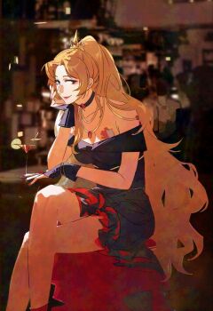 Rule 34 | 1girl, bar (place), black choker, black dress, blue eyes, breasts, brown hair, choker, cleavage, cocktail glass, commentary, cup, dress, drinking glass, high ponytail, highres, indoors, large breasts, limbus company, long hair, luan (luans51129268), off-shoulder dress, off shoulder, ponytail, project moon, red dress, rodion (project moon), solo, two-sided dress, two-sided fabric, very long hair