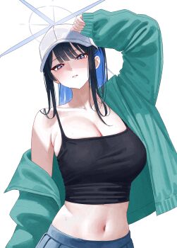 1girl absurdres arm_up black_shirt blue_archive blue_eyes blue_hair blue_halo breasts collarbone colored_inner_hair crop_top green_jacket halo highres jacket kono_(xerondan321) large_breasts long_sleeves looking_at_viewer midriff multicolored_hair navel off_shoulder open_clothes open_jacket parted_lips saori_(blue_archive) shirt sidelocks simple_background single_bare_shoulder solo white_background