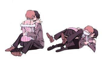 1boy 1girl ankle_boots bare_shoulders bent_over black_footwear black_pants black_skirt black_thighhighs boots bra_strap brown_footwear brown_hair choker closed_eyes coat commentary couple english_commentary facing_another full_body fur-trimmed_sweater fur_trim girl_on_top grey_coat highres hug kiss kneeling leaning_on_person long_sleeves lying miiumoo miniskirt off-shoulder_sweater off_shoulder official_alternate_costume on_back pants persona persona_3 persona_3_reload pink_sweater pleated_skirt ribbed_sweater sequential short_hair sitting skirt sweater takeba_yukari thighhighs white_background white_choker winter_clothes yuuki_makoto_(persona_3) zettai_ryouiki