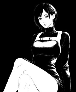 1girl absurdres ada_wong commentary crossed_legs dress highres light_frown lips monochrome resident_evil resident_evil_4 resident_evil_4_(remake) short_dress short_hair signature sitting solo sweater turtleneck turtleneck_sweater virtuware