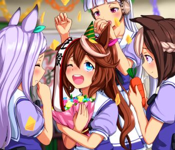 4girls animal_ears blue_eyes blunt_bangs bouquet braid breasts brown_hair carrot closed_eyes commentary_request crown_braid ear_covers flower gold_ship_(umamusume) gumakara holding holding_bouquet holding_carrot horse_ears horse_girl medium_breasts mejiro_mcqueen_(umamusume) multicolored_hair multiple_girls open_mouth pleated_skirt purple_eyes purple_hair purple_serafuku round_teeth sailor_collar sash school_uniform serafuku skirt smile special_week_(umamusume) teeth tokai_teio_(umamusume) tracen_school_uniform two-tone_hair umamusume upper_teeth_only white_sailor_collar