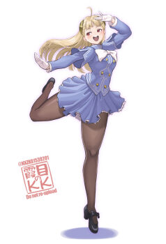 1girl ahoge blonde_hair blush breasts full_body gloves highres ingrid_(capcom) kkzk61539201 long_hair long_sleeves medium_breasts open_mouth pantyhose red_eyes simple_background skirt smile solo standing standing_on_one_leg street_fighter teeth upper_teeth_only white_background white_gloves