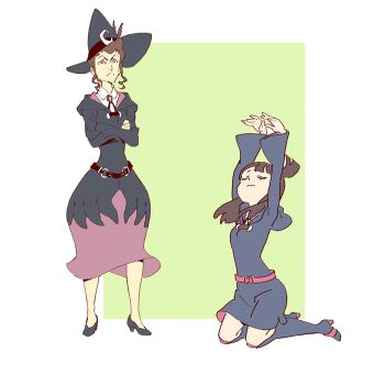 >:( 10s 1girl 2girls age_difference animated animated_gif apologizing belt boots bowing brown_hair character_request crossed_arms closed_eyes frown hat kagari_atsuko kneeling little_witch_academia long_hair multiple_girls no_headwear no_headwear official_art school_uniform sidelocks simple_background v-shaped_eyebrows white_background witch witch_hat