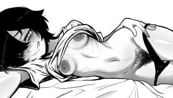 1girl arm_at_side bed_sheet breasts clothes_lift commentary english_commentary excessive_pubic_hair female_pubic_hair greyscale grin hair_over_one_eye half-closed_eyes highres looking_at_viewer lying mojyo monochrome navel nipples on_bed on_side one_eye_covered original outstretched_arm panties panty_pull pubic_hair ramdomrot reaching reaching_towards_viewer shirt shirt_lift short_hair short_sleeves simple_background small_breasts smile solo t-shirt underwear white_background