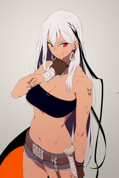 1girl arm_tattoo bandaged_arm bandages belt black_hair black_tube_top bone_necklace breasts brown_gloves cleavage dark-skinned_female dark_skin denim denim_shorts dirty dirty_face earrings gloves grey_background hair_between_eyes holding jewelry juken_no_hime_no_overkill large_breasts long_hair micro_shorts multicolored_hair red_eyes shea_kyle short_shorts shorts simple_background sohin solo stomach strapless streaked_hair tattoo tribal tube_top white_background