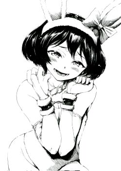 1girl animal_ear_hairband animal_ears bare_shoulders bent_over blush bob_cut bound bound_wrists bow breasts bridal_gauntlets cleavage collar commentary cowboy_shot cuffs curled_fingers ear_bow elbow_gloves elbows_together fake_animal_ears fuzzy_handcuffs girls_und_panzer gloves greyscale groin hairband handcuffs head_tilt highres leaning_forward leotard looking_at_viewer lower_teeth_only monochrome narrowed_eyes naughty_face open_mouth playboy_bunny rabbit_ear_hairband rabbit_ears raised_eyebrows sawamin short_hair simple_background small_breasts smile solo strapless strapless_leotard teeth utsugi_yuuki w_arms white_background