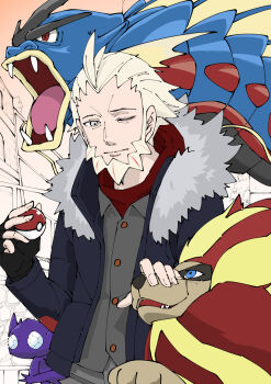 1boy absurdres beard black_gloves blonde_hair buttons closed_mouth commentary_request facial_hair fingerless_gloves gen_1_pokemon gen_3_pokemon gen_6_pokemon gloves grey_eyes gyarados highres holding holding_poke_ball jacket long_sleeves looking_down lysandre_(pokemon) male_focus mega_gyarados mega_pokemon nintendo open_clothes open_jacket petting poke_ball poke_ball_(basic) pokemon pokemon_(creature) pokemon_legends:_z-a pyroar sableye short_hair user_macu7727