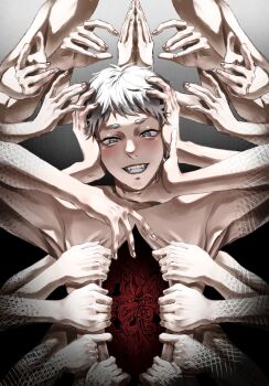 Rule 34 | 1boy, body horror, commentary request, deep wound, extra arms, highres, hikaru ga shinda natsu, indou hikaru, injury, looking at viewer, male focus, mam memi, no organs, nude, short eyebrows, short hair, skin pull, smile, teeth, upper body, white hair