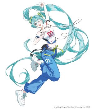 Rule 34 | 1girl, absurdres, aqua eyes, aqua hair, arm tattoo, bare shoulders, belt, black belt, blue eyes, blue hair, blue pants, blush, breasts, collarbone, commentary request, cropped shirt, full body, hair between eyes, hair ornament, hatsune miku, highres, lalang, long hair, midriff, navel, number tattoo, official art, one eye closed, open mouth, pants, shoes, simple background, smile, solo, tank top, tattoo, teeth, twintails, upper teeth only, very long hair, vocaloid, white background, white tank top