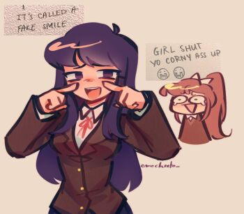 2girls bow breasts brown_hair brown_jacket commentary crying_emoji doki_doki_literature_club doki_doki_literature_club_school_uniform emocheeto emoji english_commentary english_text hair_bow high_ponytail jacket jitome laughing long_hair medium_breasts meme monika_(doki_doki_literature_club) multiple_girls open_mouth ponytail purple_eyes purple_hair school_uniform simple_background tears upper_body white_bow yuri_(doki_doki_literature_club)