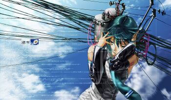 111papilio 1girl 2000s_(style) absurdres alternate_hairstyle aqua_eyes aqua_hair aqua_nails aqua_necktie black_sleeves blue_sky cable closed_mouth cloud commentary day detached_sleeves english_commentary foreground_text grey_shirt hair_between_eyes half-closed_eyes hand_in_own_hair hands_up hatsune_miku highres nail_polish necktie number_tattoo outdoors photo_background photo_inset power_lines shirt short_hair shoulder_tattoo sky sleeveless sleeveless_shirt solo tattoo transformer upper_body utility_pole vocaloid