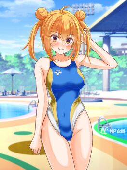1girl ahoge blue_one-piece_swimsuit blue_sky charomi cloud commentary_request competition_swimsuit covered_navel day double_bun hair_bun kusatsu_yuina long_hair looking_at_viewer multicolored_swimsuit north1220japan one-piece_swimsuit onsen_musume orange_eyes outdoors pool second-party_source sky solo swimsuit thigh_gap twintails