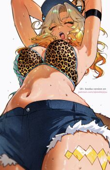 1girl animal_ear_fluff animal_ears arms_up blonde_hair breasts close-up closed_eyes dark-skinned_female dark_skin fangs from_below genshin_impact gradient_hair highres jaguar_ears jaguar_girl jaguar_tail jewelry large_breasts leg_tattoo lipstick long_hair makeup multicolored_eyeshadow multicolored_hair navel open_mouth parted_bangs patreon_username qiandaiyiyu red_lips short_shorts shorts simple_background solo sweat tail tattoo tiger_print_bikini very_sweaty white_background xilonen_(genshin_impact) yawning