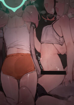 1boy 3girls angels_of_delusion aria_(zenless_zone_zero) bar_censor barefoot blue_halo camisole censored dolphin_shorts green_hair halo harem hetero highres loli multiple_girls nangong_yu open_mouth orange_shorts pink_hair shorts sunna_(zenless_zone_zero) theflatfacadeds twintails white_camisole zenless_zone_zero