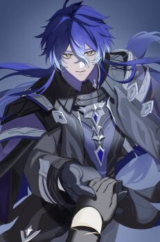 2boys aether_(genshin_impact) ahoge arm_guards bags_under_eyes black_coat black_gloves blue_background blue_gemstone blue_hair closed_mouth coat collared_coat couple flins_(genshin_impact) floating_hair bad_tag gem genshin_impact gloves gradient_background gradient_hair hair_floating_upwards hashtag-only_commentary highres holding_hands huge_ahoge leaning_to_the_side light_smile long_hair long_sleeves looking_at_viewer multicolored_eyes multicolored_hair multiple_boys pants pov pov_hands shade solo_focus standing tubakkkki65 yaoi yellow_eyes