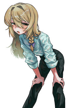 Rule 34 | 1boy, absurdres, black pants, blonde hair, blush, bow, collared shirt, commentary request, cookie (touhou), cowboy shot, genderswap, genderswap (ftm), hair bow, hair intakes, hands on own knees, highres, kirisame marisa, leaning forward, long hair, long sleeves, looking at viewer, male focus, melanin shikiso, open mouth, pants, purple bow, rei (cookie), shirt, simple background, smile, smug, solo, touhou, trap, white background, white shirt