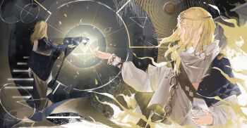 Rule 34 | 1boy, 6 (reverse:1999), absurdres, ancient greek clothes, blonde hair, blue eyes, chacha (chachachaqqq), circlet, dark background, facing away, floating stairs, from behind, from side, full body, geometry, glowing, greco-roman clothes, hand up, hexagon, highres, himation, holding, holding scroll, long hair, long sleeves, male focus, math, multiple views, profile, reverse:1999, scroll, standing, upper body, yellow fire