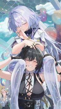 3girls absurdres bare_shoulders black_dress black_hair blonde_hair blush breasts carrying closed_eyes colored_eyelashes commentary covering_own_mouth cross-laced_clothes cross-laced_dress dress earrings embarrassed female_rover_(wuthering_waves) grabbing_another's_leg grey_hair hair_over_one_eye haohaomaster heart highres jewelry large_breasts long_hair looking_at_another lynae_(wuthering_waves) mornye_(wuthering_waves) multiple_girls red_eyes rover_(wuthering_waves) see-through_body shirt shoulder_carry sideboob sleeveless sleeveless_dress small_breasts smile tacet_mark_(wuthering_waves) teeth triangle_earrings white_shirt wuthering_waves yellow_eyes