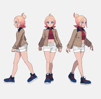 1girl absurdres blonde_hair blue_eyes blue_shoes bracelet brown_jacket closed_mouth commentary cropped_shirt grey_background hair_bun highres jacket jewelry knees meru_merume603 midriff multiple_views navel nintendo open_clothes open_jacket pokemon pokemon_legends:_z-a red_shirt reference_sheet shirt shoes shorts single_hair_bun smile standing taunie_(pokemon) walking white_shorts