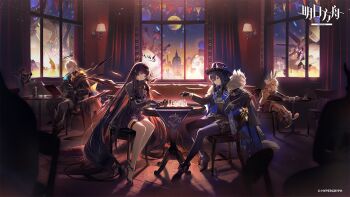 1boy 3girls animal_ears arknights black_dress black_gloves black_hair board_game chair chess chess_piece chessboard copyright_name cup desk dress executor_(arknights) executor_the_ex_foedere_(allmind_as_one)_(arknights) executor_the_ex_foedere_(arknights) gloves grey_hair halo hat highres holding holding_chess_piece holding_cup long_hair moon multiple_girls official_art on_chair on_desk playing_chess reading sitting tail texas_(arknights) texas_the_omertosa_(arknights) texas_the_omertosa_(il_segreto_della_notte)_(arknights) very_long_hair virtuosa_(arknights) virtuosa_(diversity_oneness)_(arknights) warmy_(arknights) warmy_(warm_velvet_at_the_corner)_(arknights) window wings